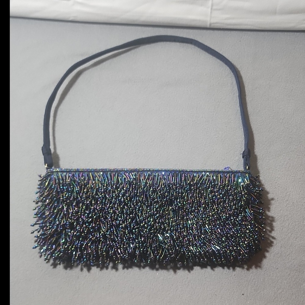 Inge Christopher Blue Beaded Shoulder Bag Zip Closure Lined Formal Party Small